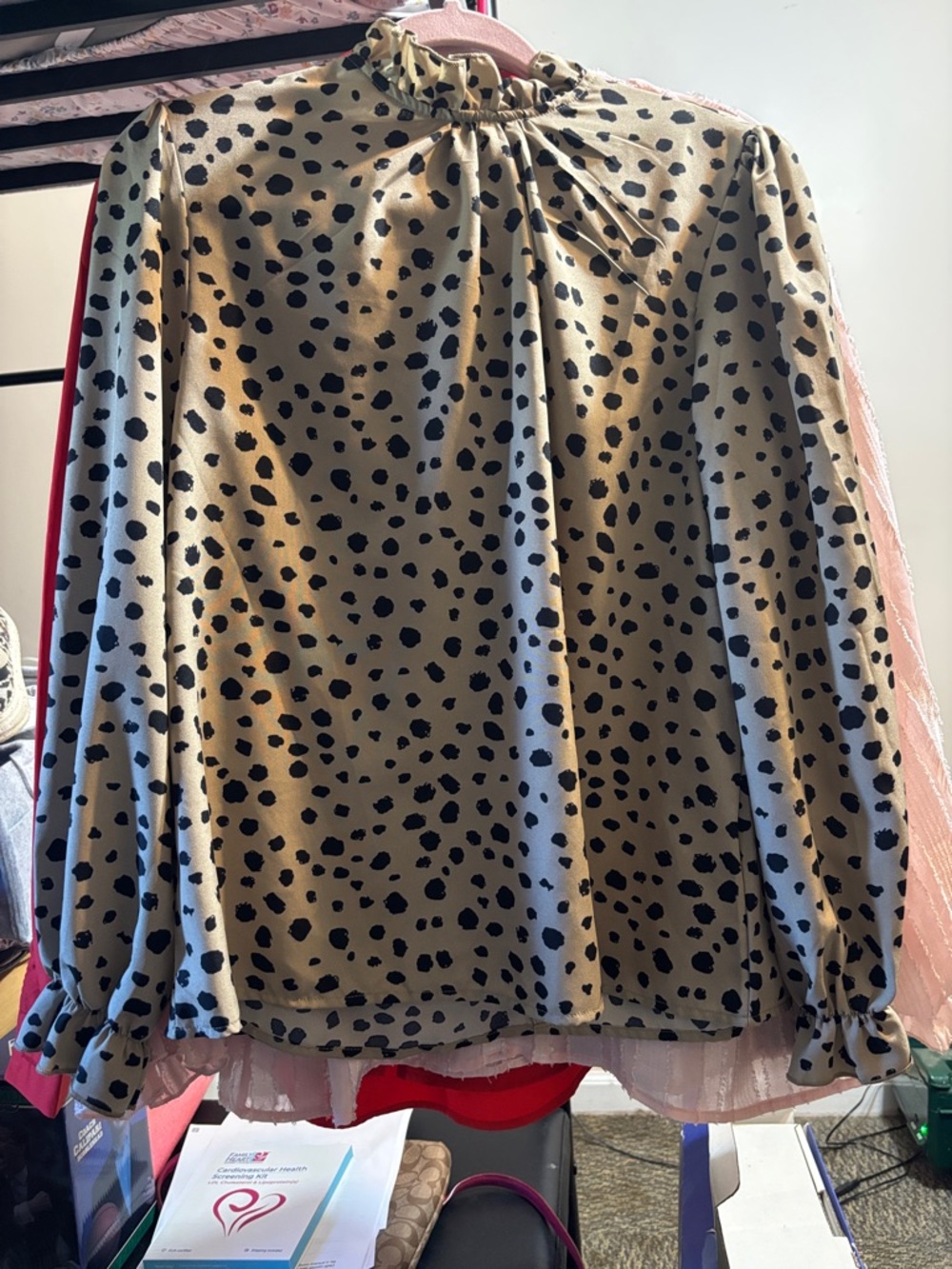 Polka Dot Satin Long Sleeve Skirt - Beige/Black